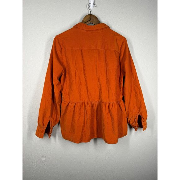 Loft Womens Orange Corduroy Button Up Top Sz L Ruffle Pumpkin Patch Fall Staple - Picture 4 of 8